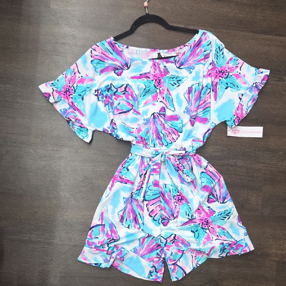 Aryeh Aqua & Pink Shell-Print Romper